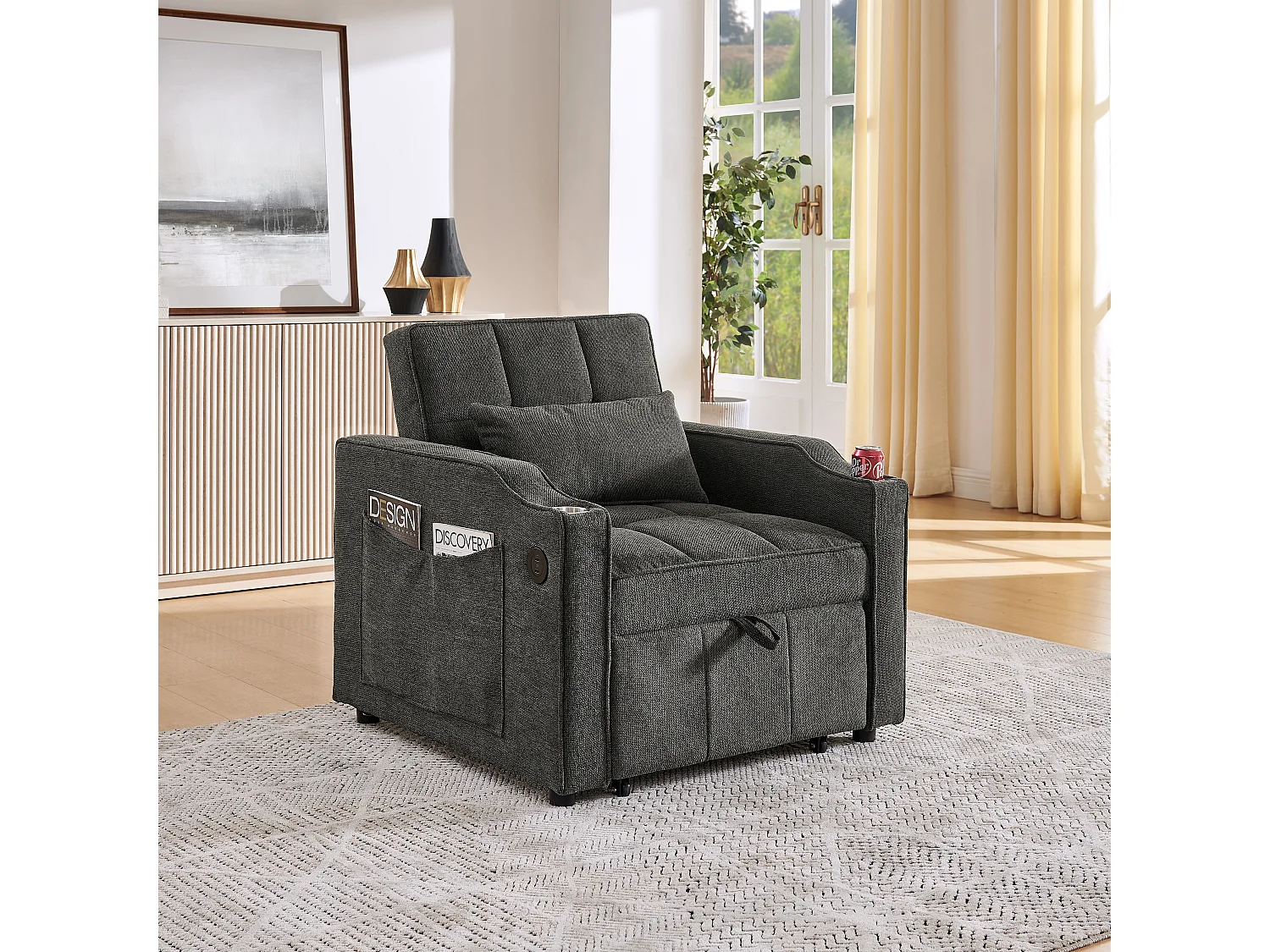 3-in-1 converteerbare fauteuil met USB-poorten - Slaapbank in donkergrijze stof