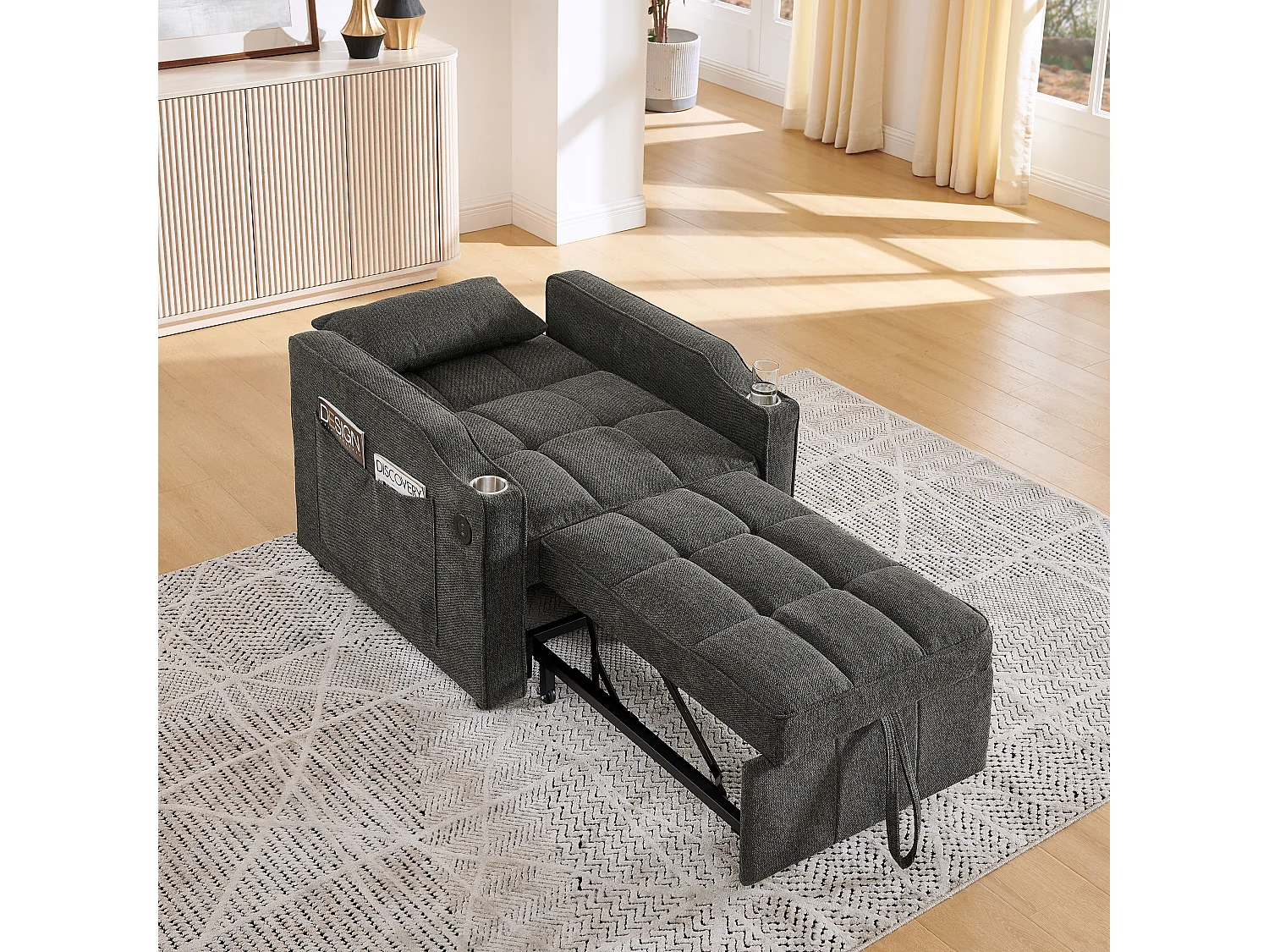 3-in-1 converteerbare fauteuil met USB-poorten - Slaapbank in donkergrijze stof