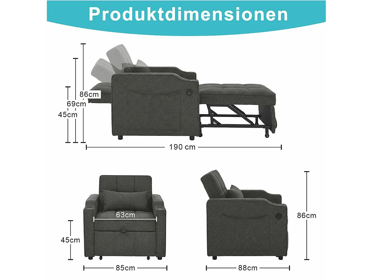 3-in-1 converteerbare fauteuil met USB-poorten - Slaapbank in donkergrijze stof