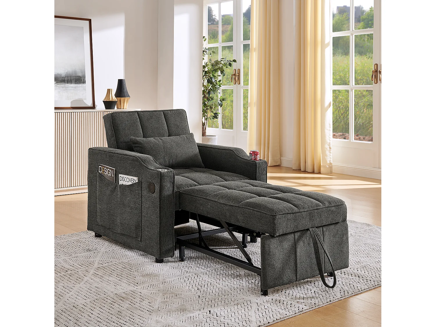 3-in-1 converteerbare fauteuil met USB-poorten - Slaapbank in donkergrijze stof