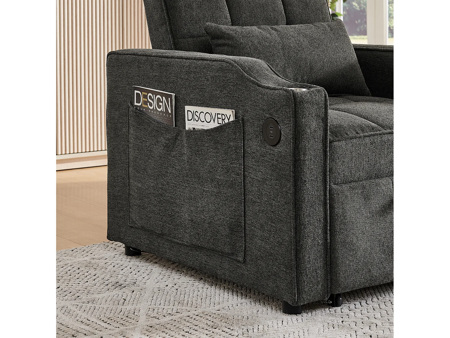 3-in-1 converteerbare fauteuil met USB-poorten - Slaapbank in donkergrijze stof