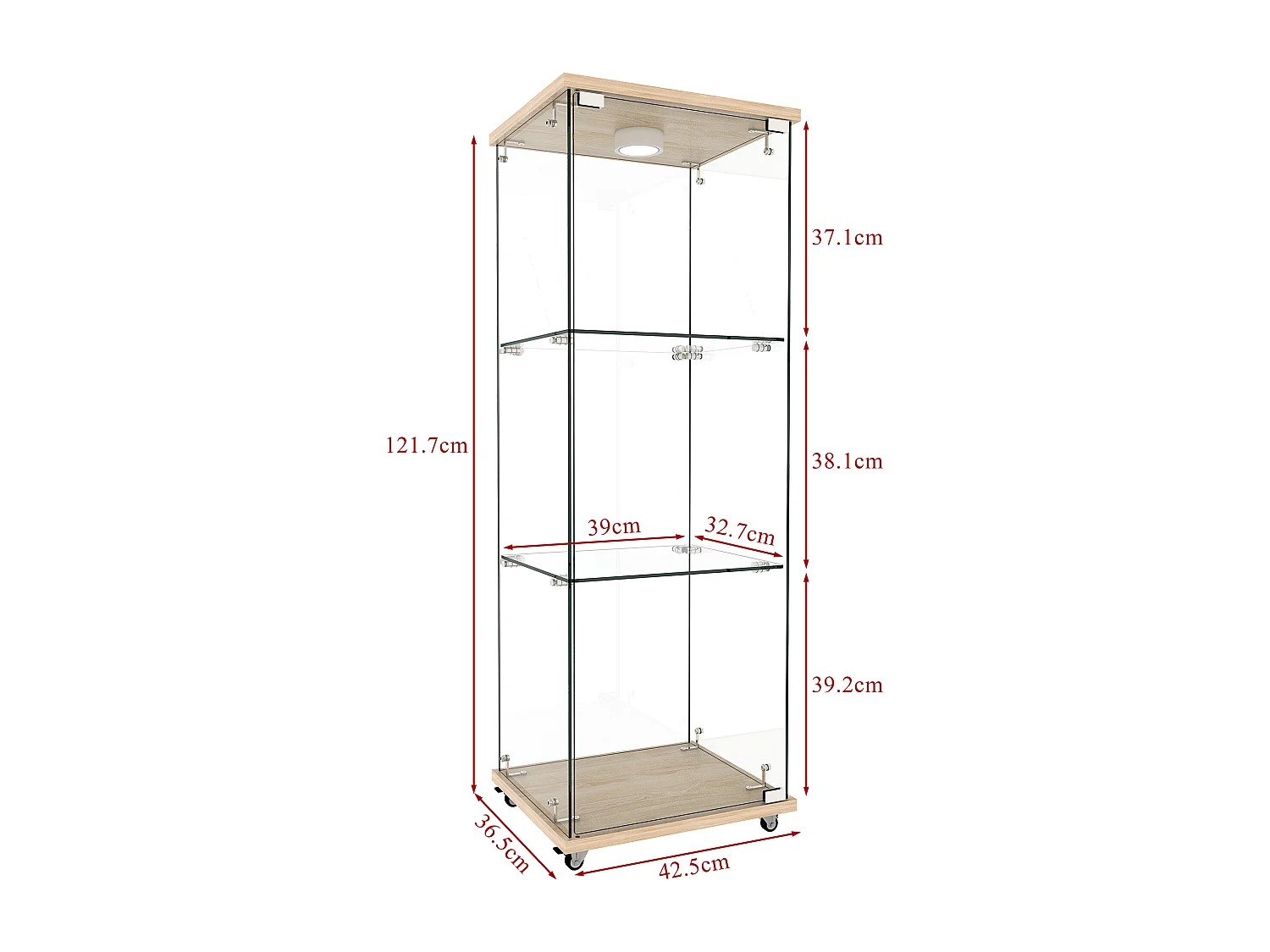 Vitrine en verre sur roulettes avec LED et 3 niveaux 42,5 x 36,5 x121.7 cm