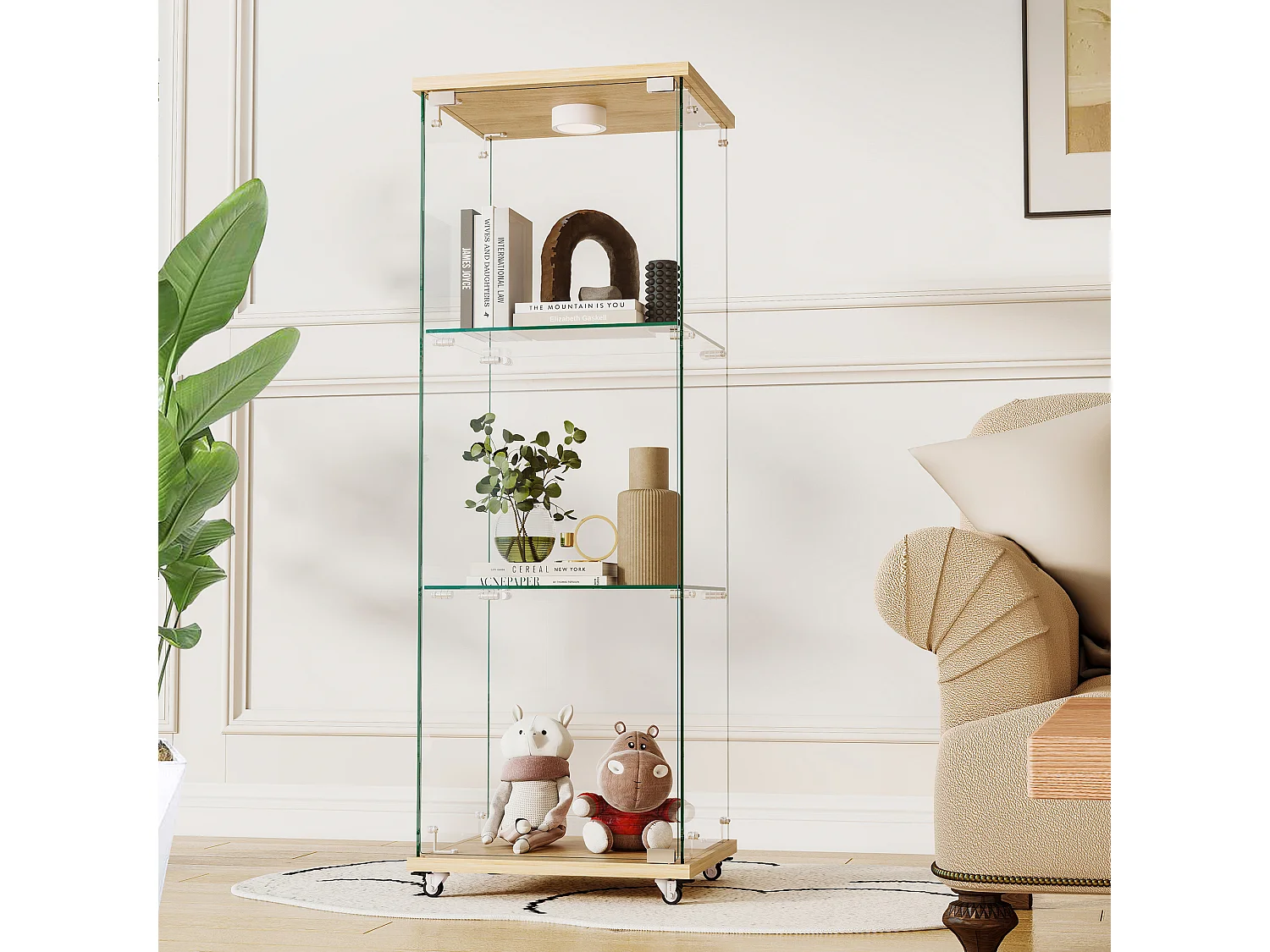 Vitrine en verre sur roulettes avec LED et 3 niveaux 42,5 x 36,5 x121.7 cm