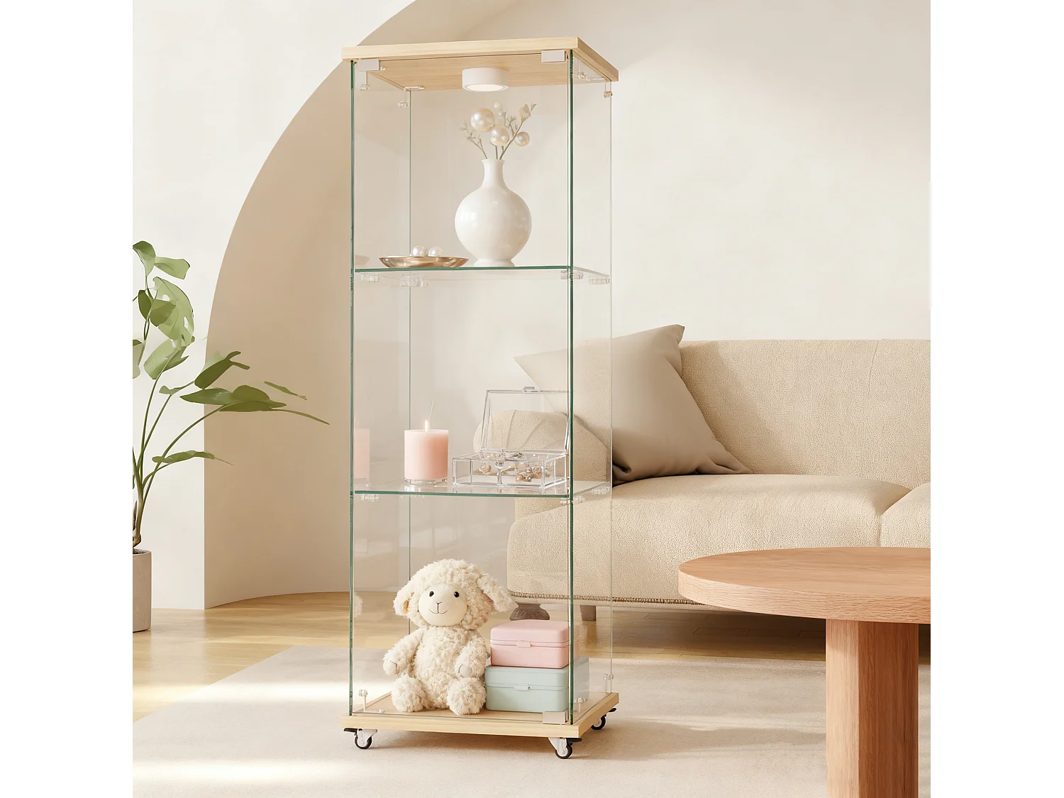 Vitrine en verre sur roulettes avec LED et 3 niveaux 42,5 x 36,5 x121.7 cm