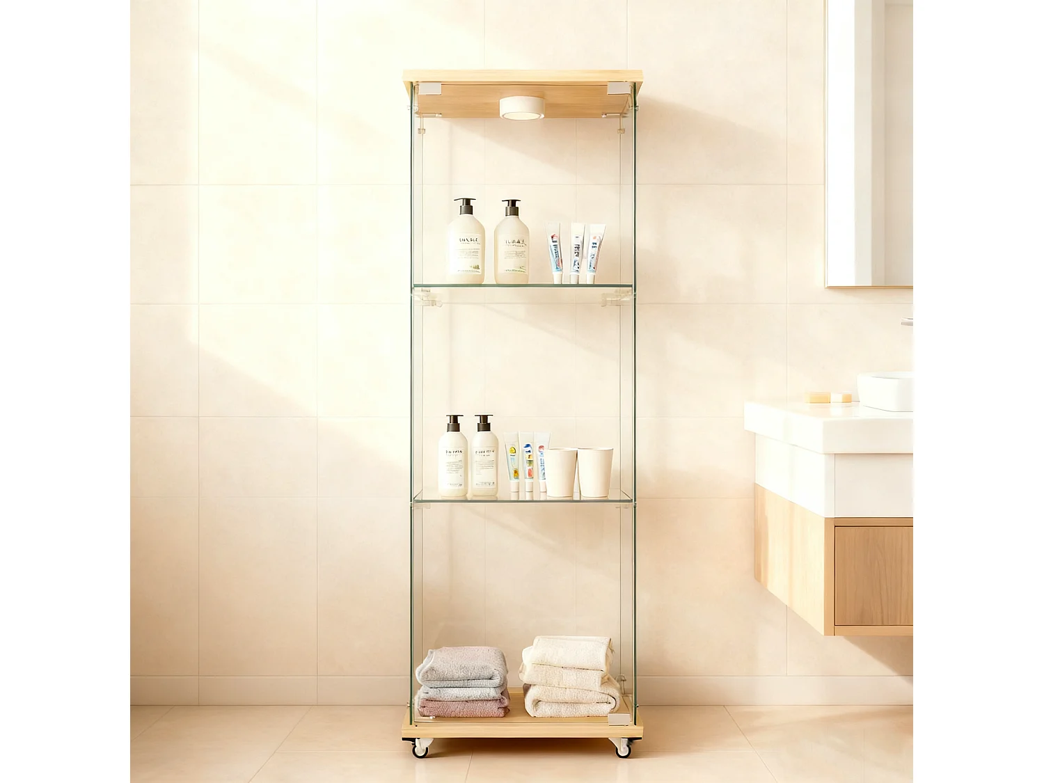 Vitrine en verre sur roulettes avec LED et 3 niveaux 42,5 x 36,5 x121.7 cm