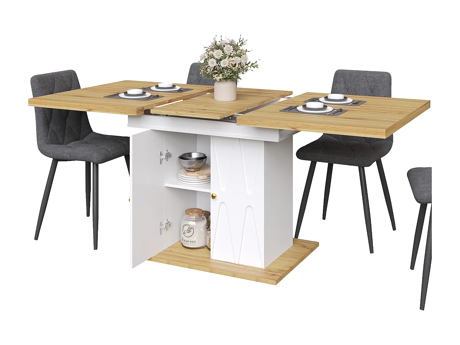 Ensemble table à manger extensible + 4 chaises en coton-lin gris