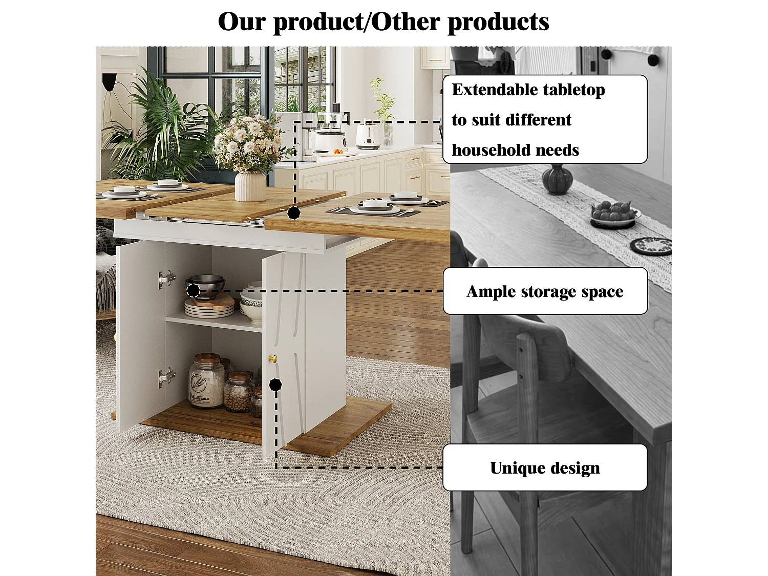 Ensemble table à manger extensible + 4 chaises en coton-lin gris