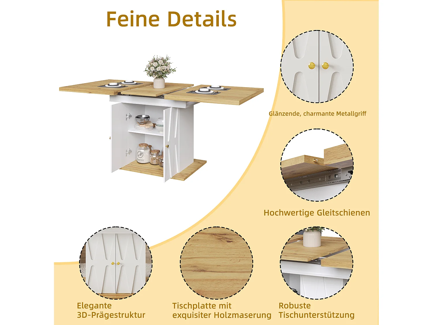 Ensemble table à manger extensible + 4 chaises en coton-lin gris