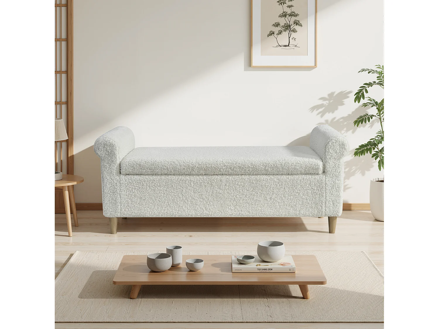 Ottoman, bedbank met opbergvak, wit - Stof en hout