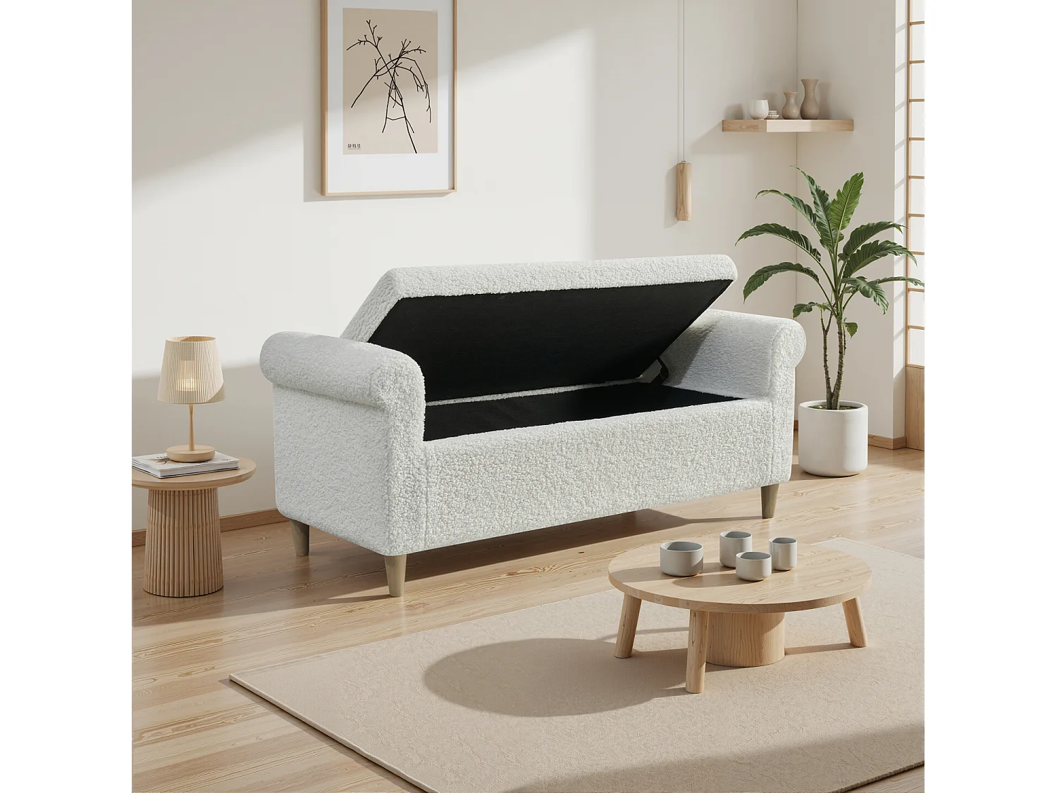 Ottoman, bedbank met opbergvak, wit - Stof en hout