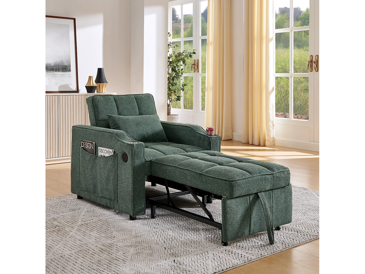 Fauteuil convertible 3-en-1 avec ports USB - Canapé-lit en tissu vert