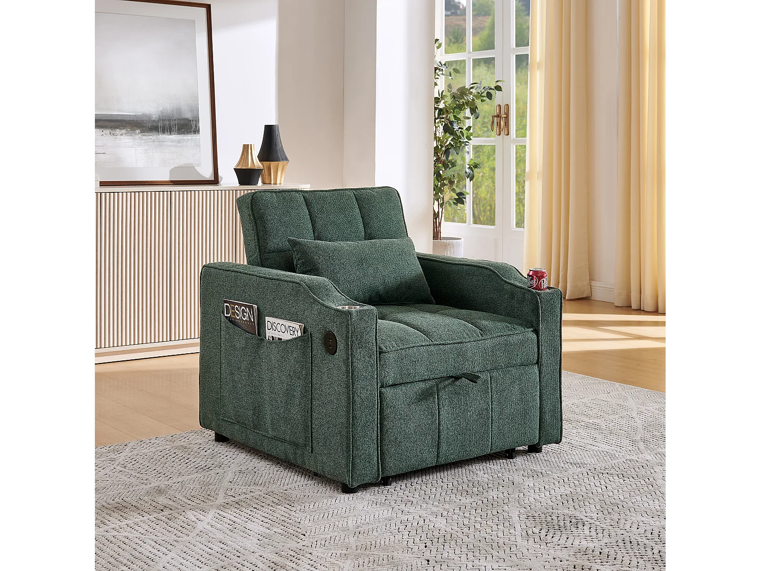 Fauteuil convertible 3-en-1 avec ports USB - Canapé-lit en tissu vert