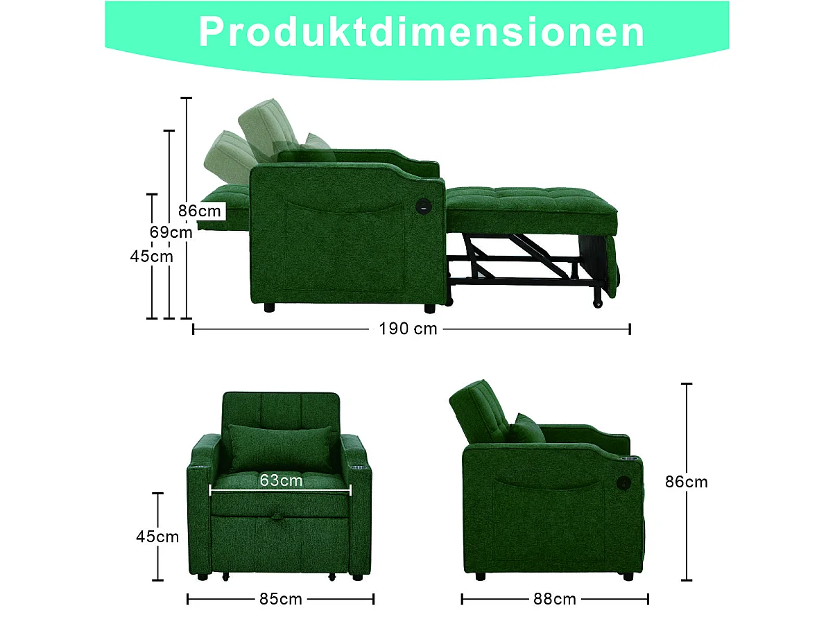 Fauteuil convertible 3-en-1 avec ports USB - Canapé-lit en tissu vert