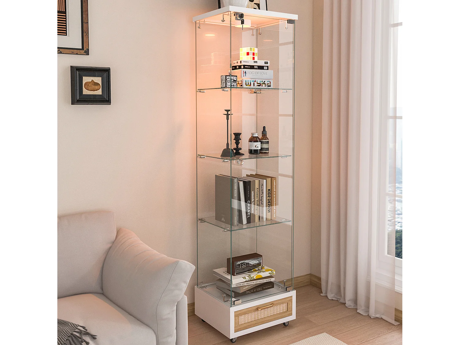 Vitrine LED blanche en verre trempé avec tiroir - 4 roulettes avec freins
