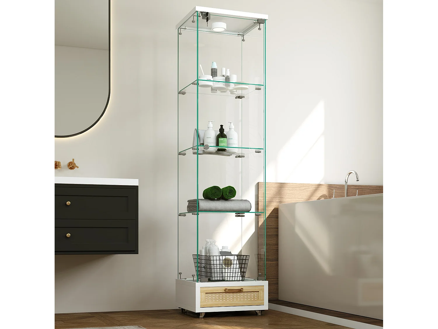 Vitrine LED blanche en verre trempé avec tiroir - 4 roulettes avec freins