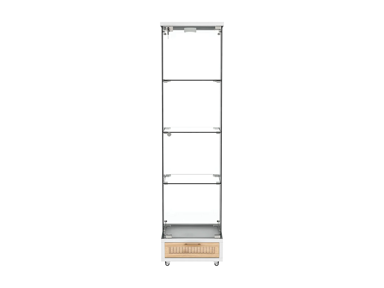 Vitrine LED blanche en verre trempé avec tiroir - 4 roulettes avec freins