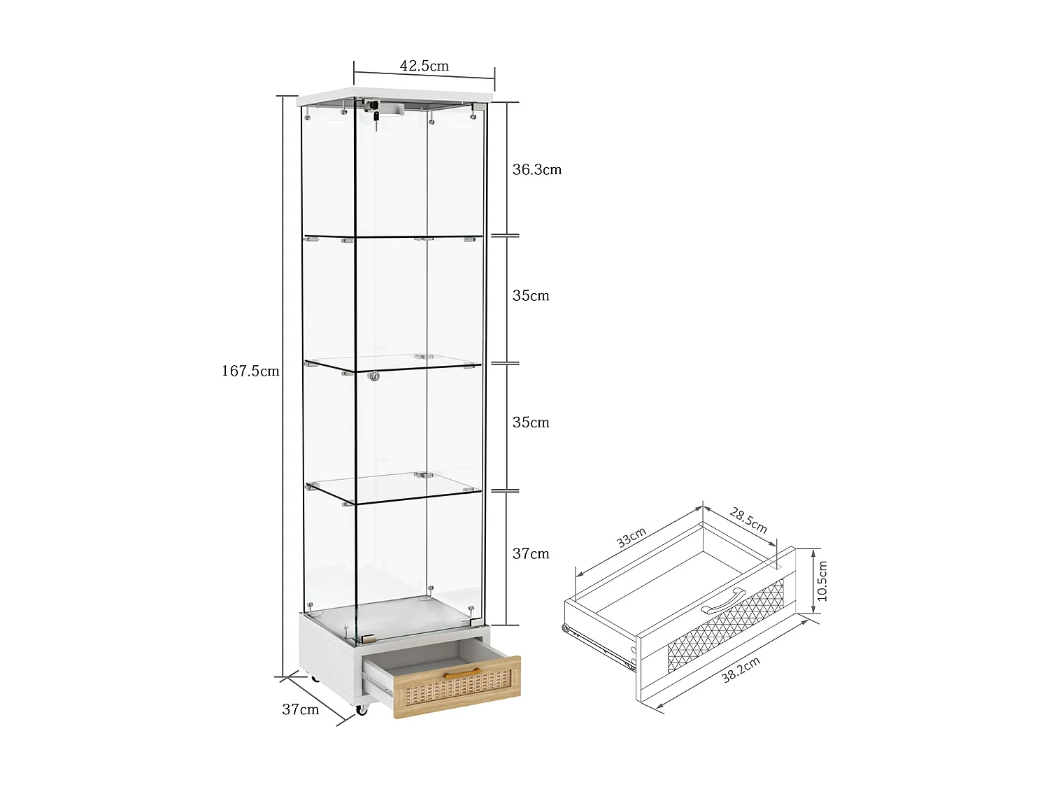 Vitrine LED blanche en verre trempé avec tiroir - 4 roulettes avec freins