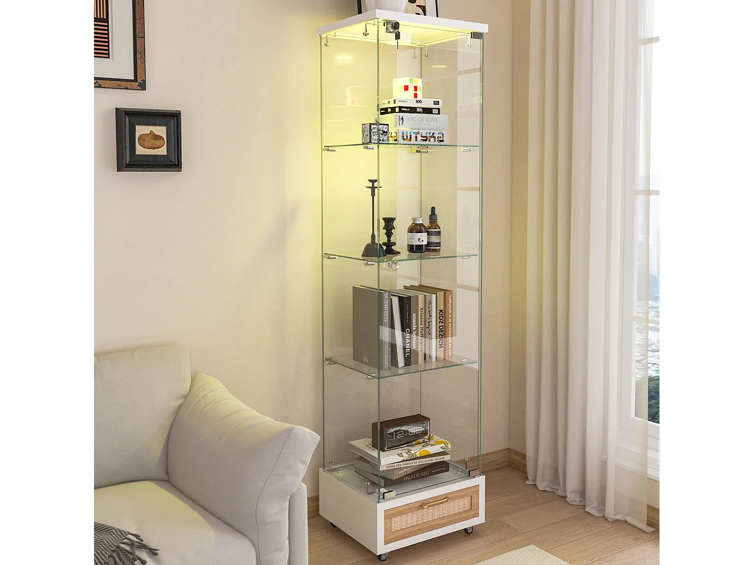 Vitrine LED blanche en verre trempé avec tiroir - 4 roulettes avec freins