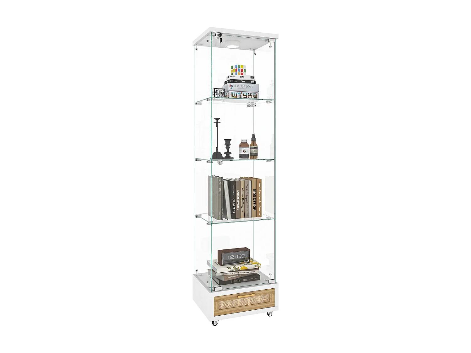Vitrine LED blanche en verre trempé avec tiroir - 4 roulettes avec freins