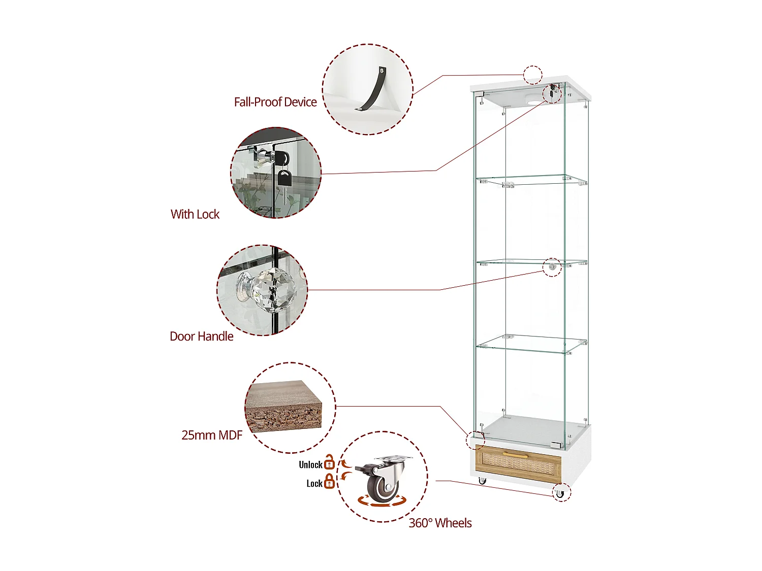 Vitrine LED blanche en verre trempé avec tiroir - 4 roulettes avec freins