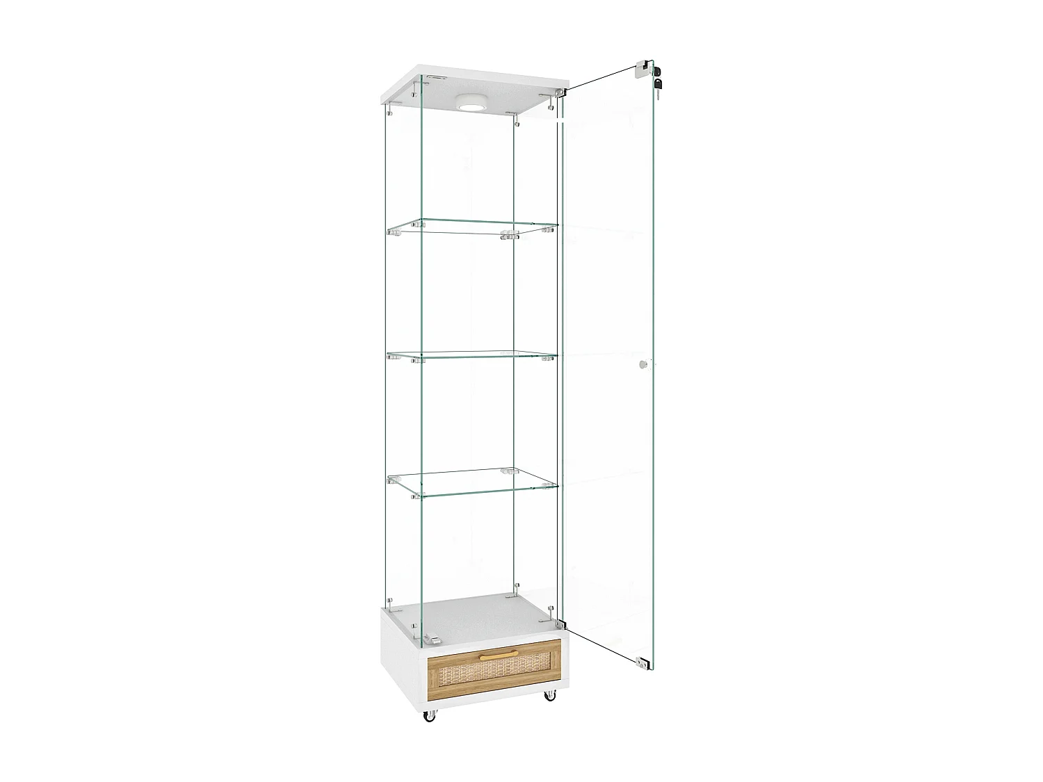 Vitrine LED blanche en verre trempé avec tiroir - 4 roulettes avec freins