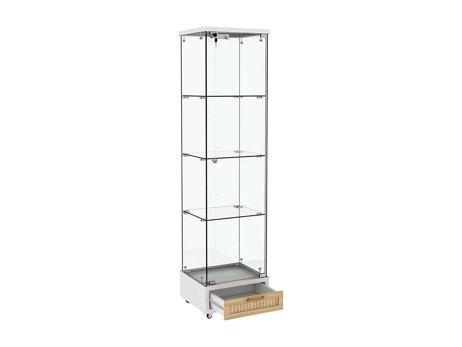 Vitrine LED blanche en verre trempé avec tiroir - 4 roulettes avec freins