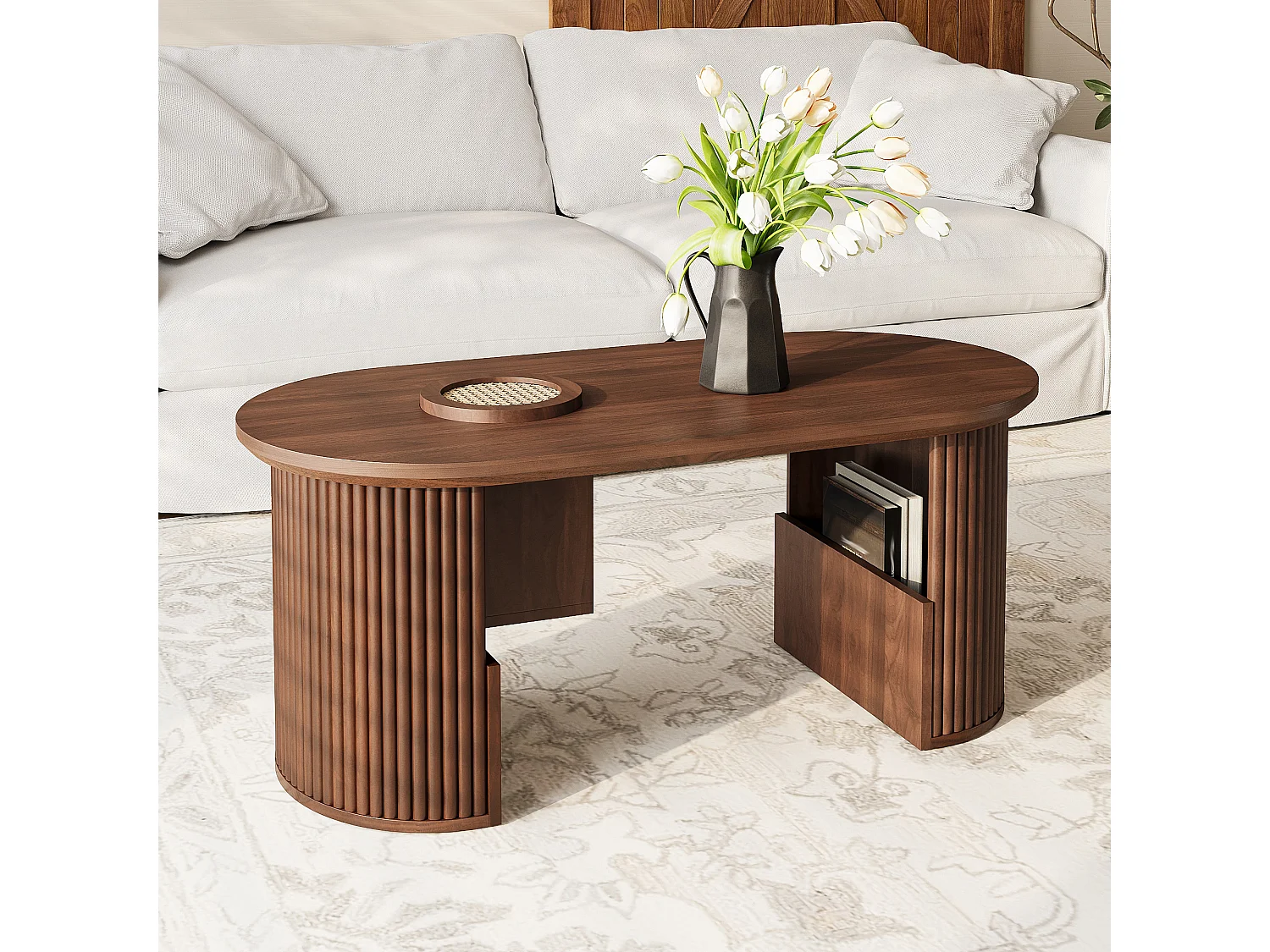 Tavolino da caffè in noce con struttura verticale e contenitore, 105 x 50 x 46,5 cm