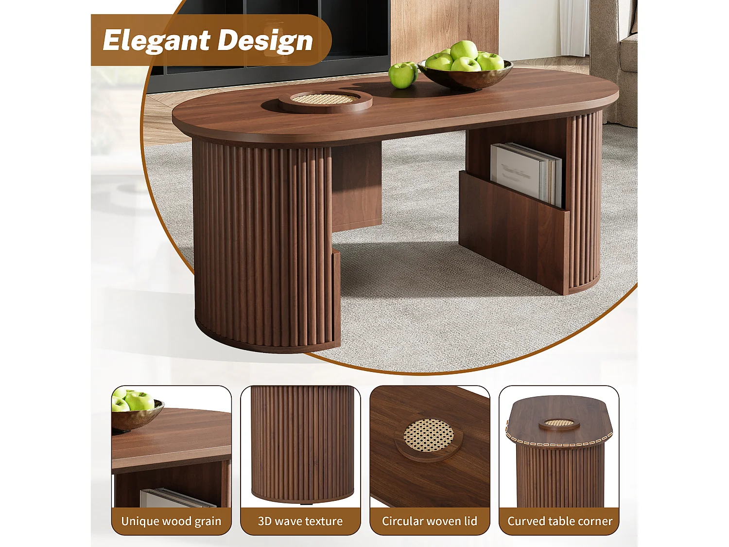 Tavolino da caffè in noce con struttura verticale e contenitore, 105 x 50 x 46,5 cm