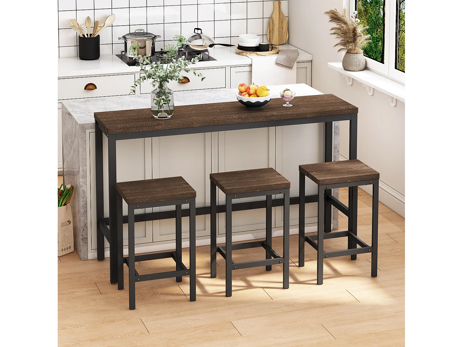 Ensemble table bar avec 3 tabourets - Plateau marron foncé, structure métal