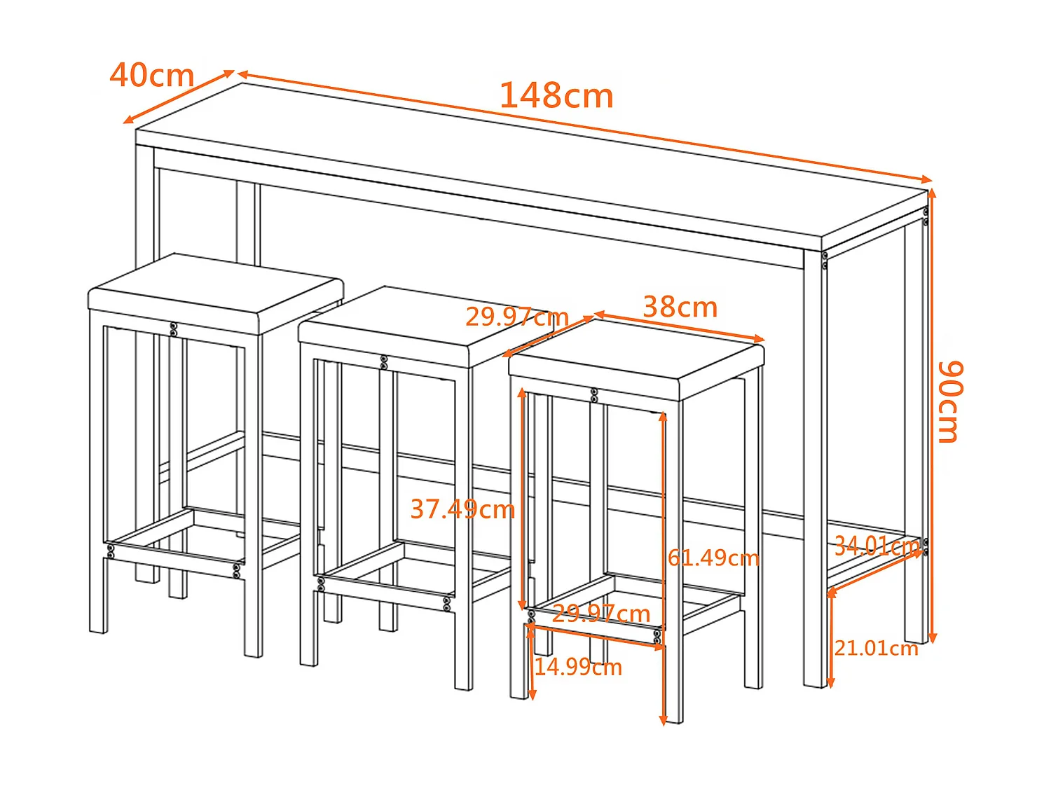 Ensemble table bar avec 3 tabourets - Plateau marron foncé, structure métal