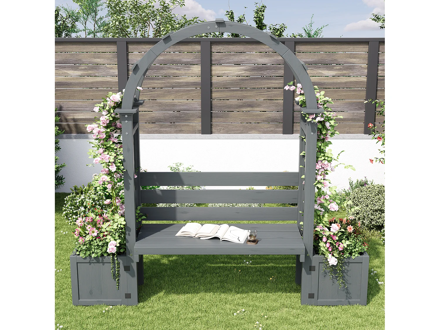 Plantenbak met klimrek en zitjes voor tuin, binnenplaats en terras - Grijs