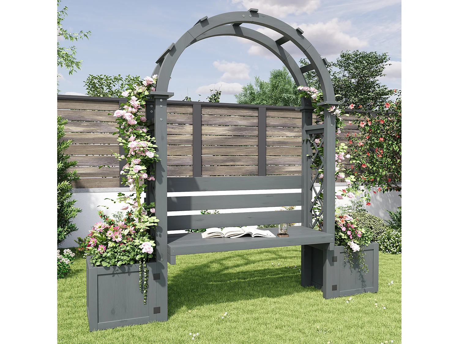 Plantenbak met klimrek en zitjes voor tuin, binnenplaats en terras - Grijs