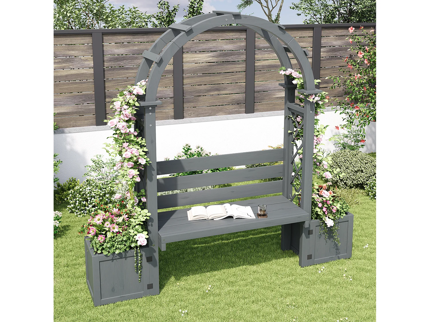 Plantenbak met klimrek en zitjes voor tuin, binnenplaats en terras - Grijs