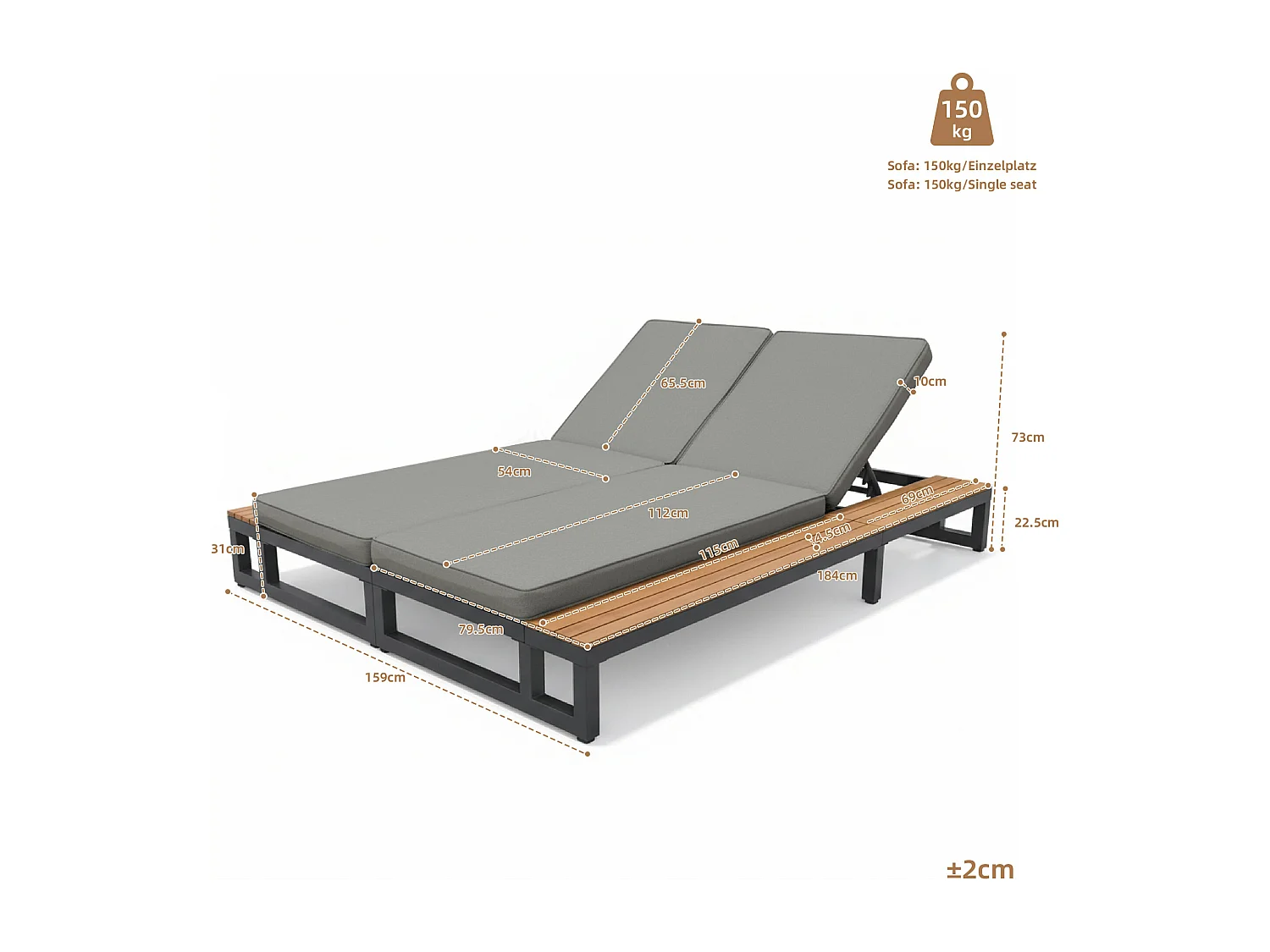 Metalen ligstoel met planken, strak design en matras - Verstelbare rugleuning - Grijs