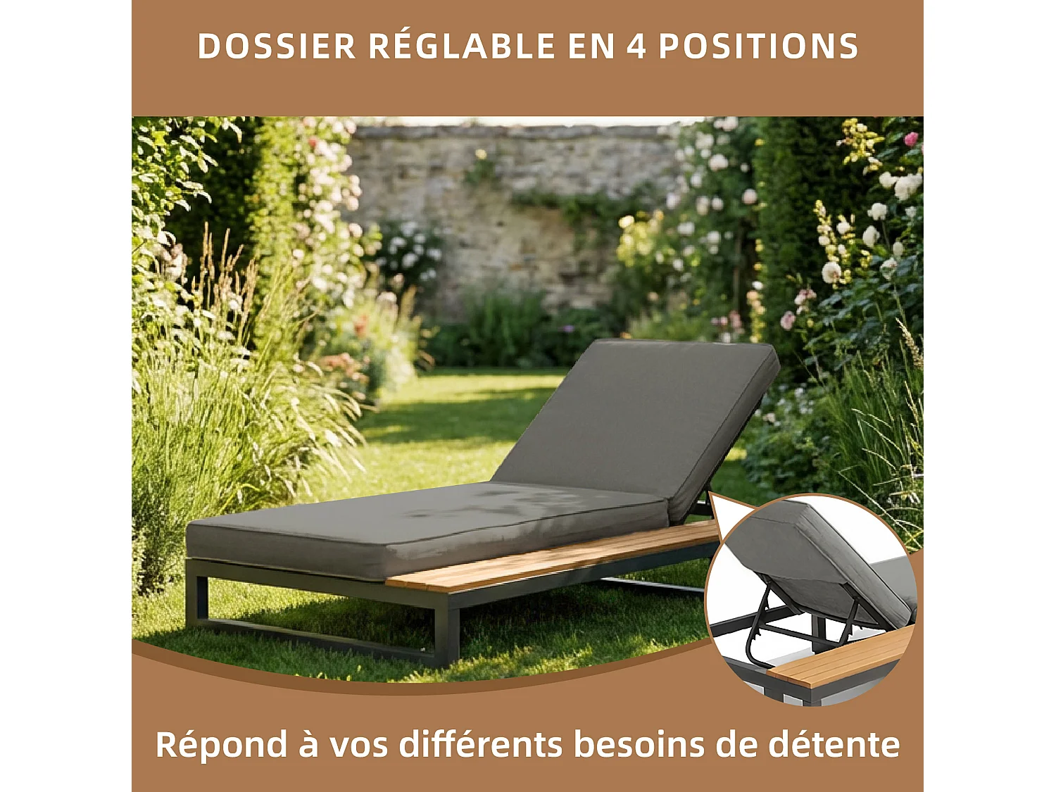 Metalen ligstoel met planken, strak design en matras - Verstelbare rugleuning - Grijs