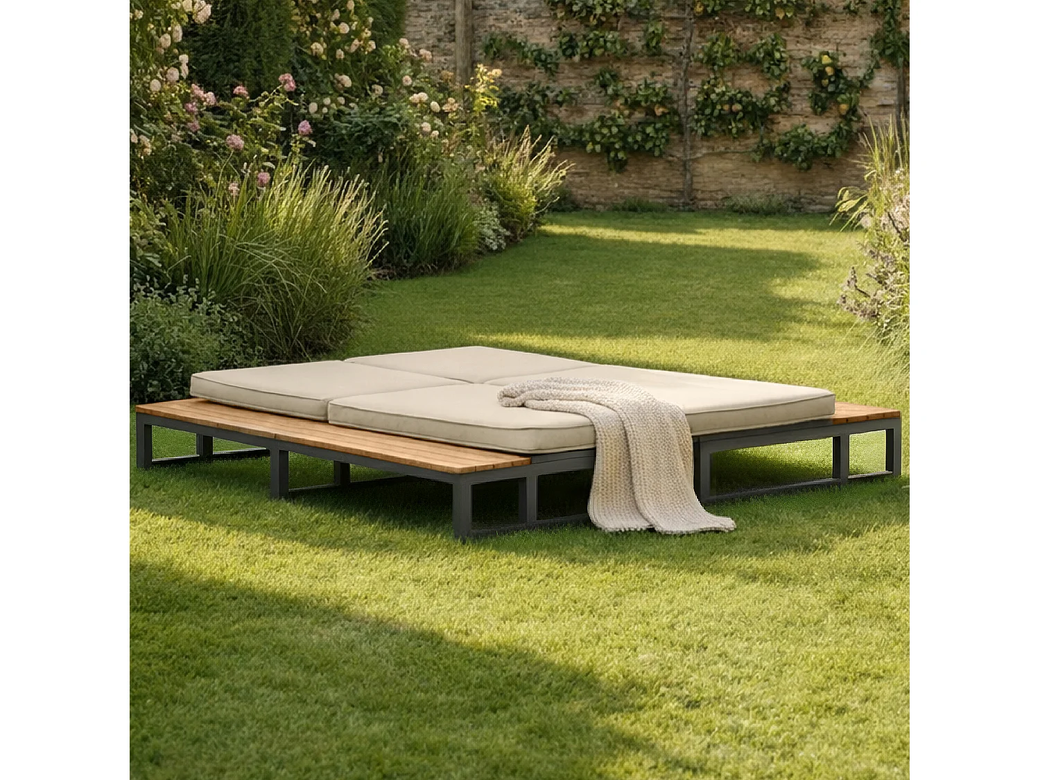 Tweepersoons ligstoel van metaal en waterdichte stof met verstelbare rugleuning - Beige