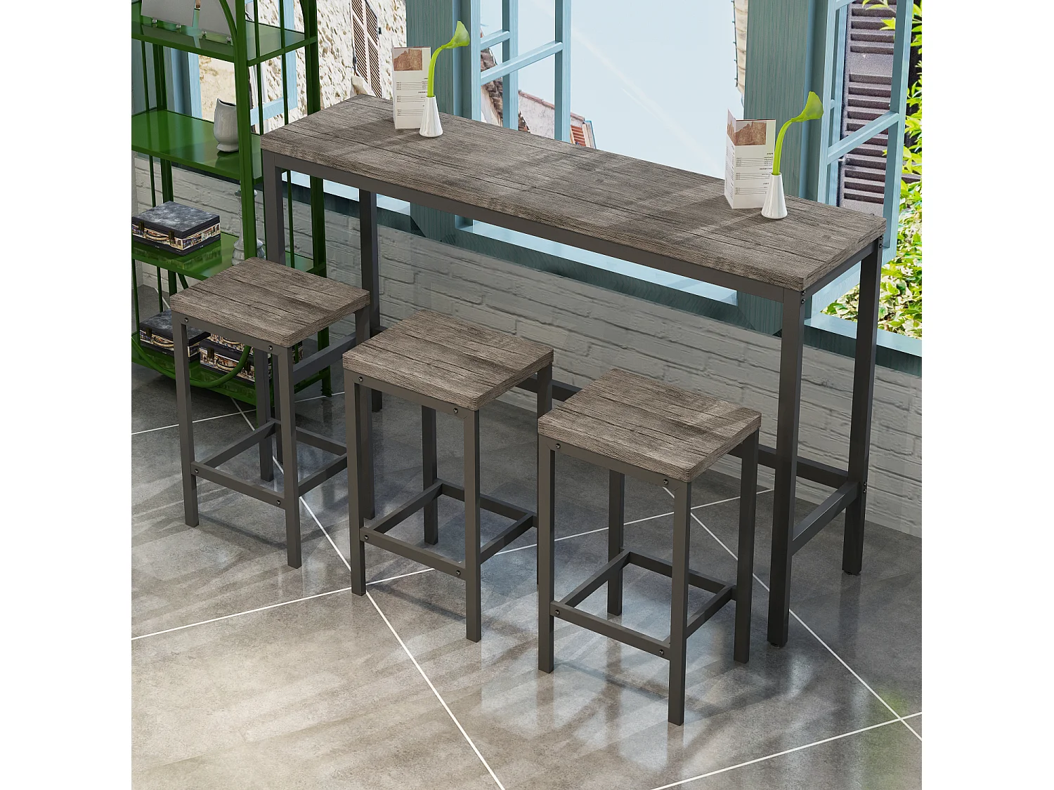 Ensemble table bar avec 3 tabourets - Plateau marron-gris, structure métal