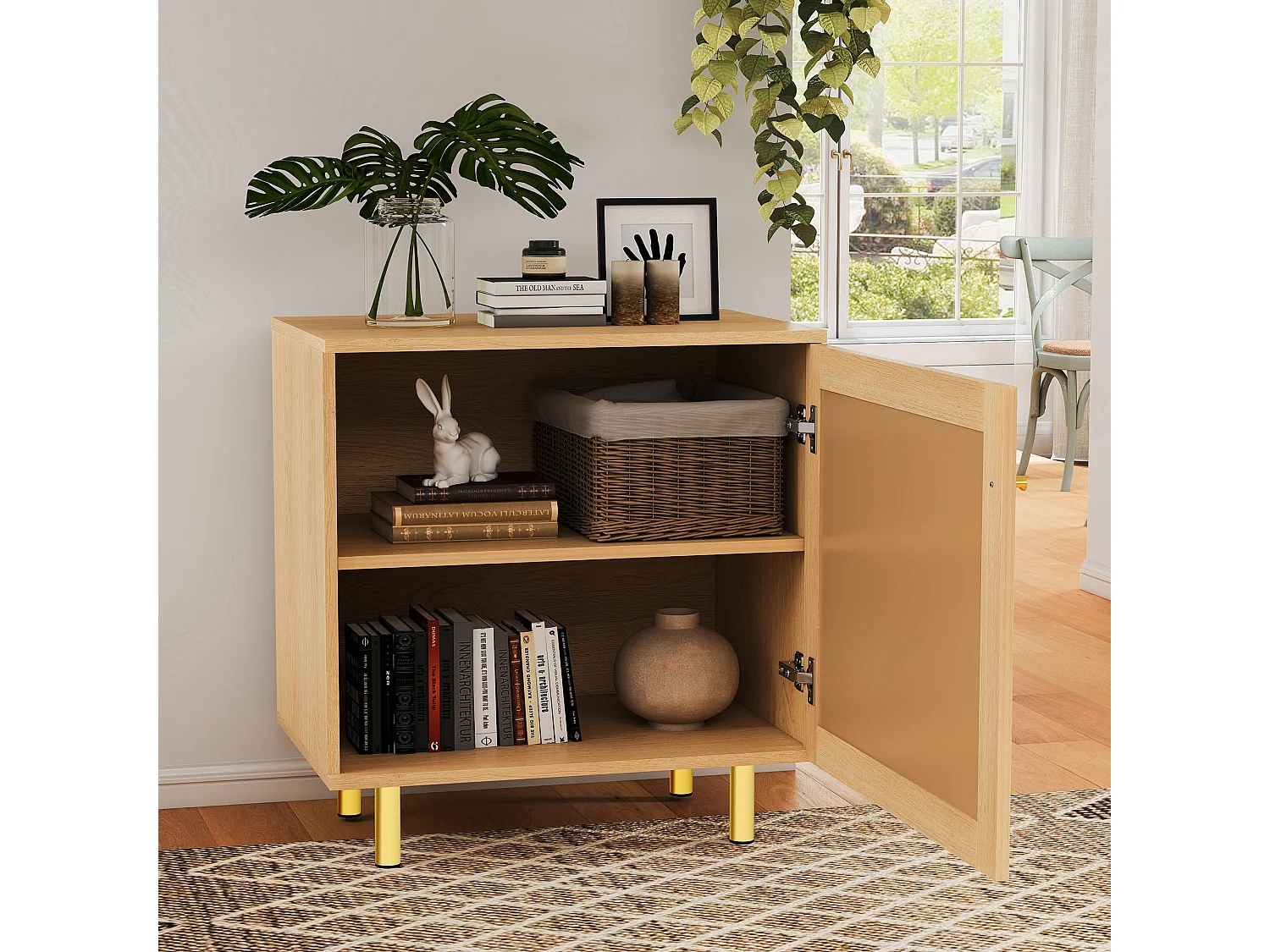 Buffet avec porte en rotin - Aspect bois naturel 60 x 40 x63 cm