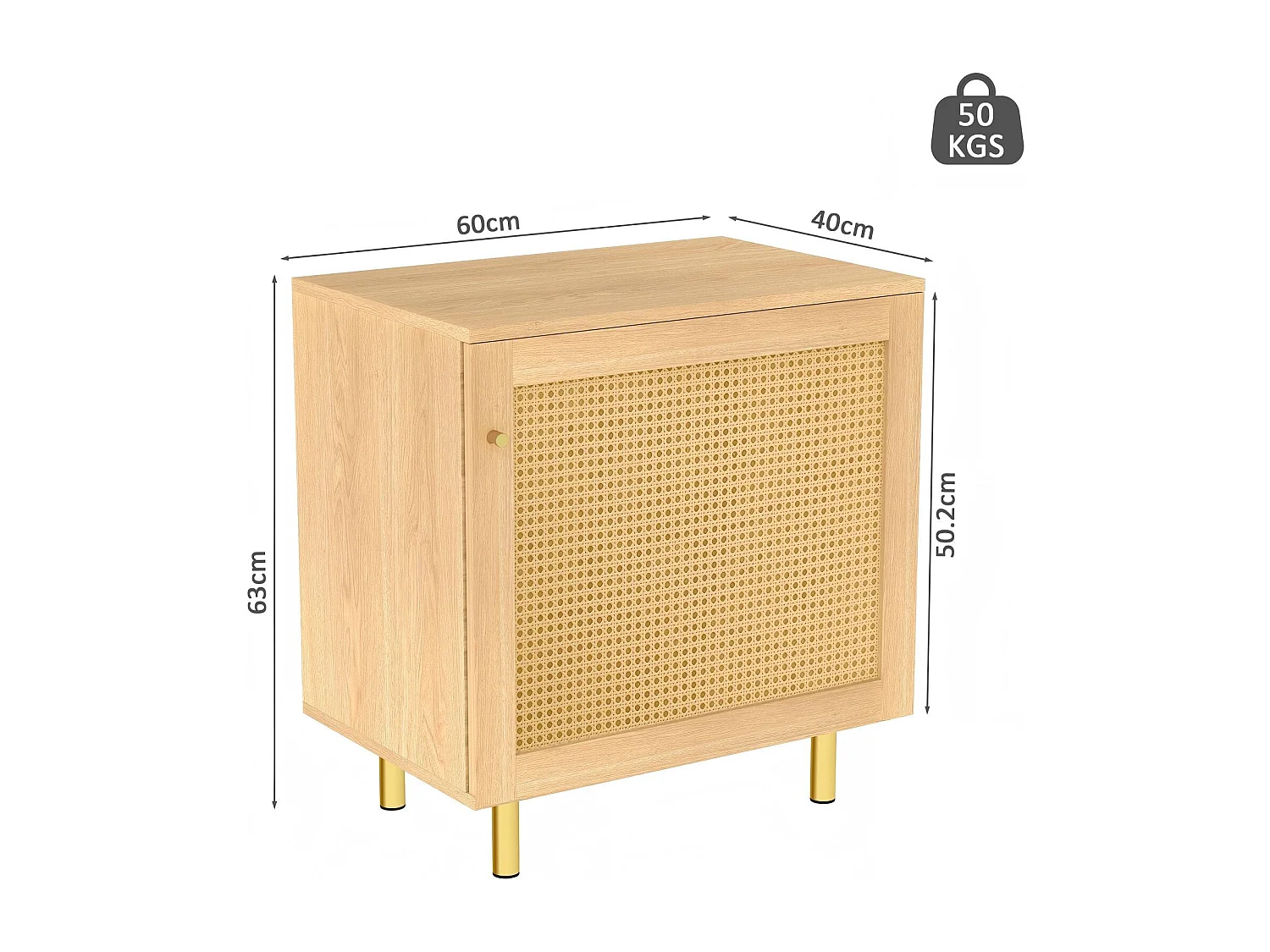 Buffet avec porte en rotin - Aspect bois naturel 60 x 40 x63 cm