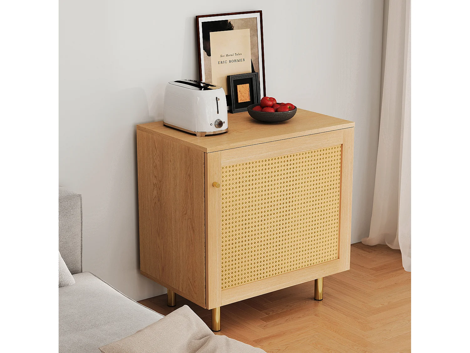 Buffet avec porte en rotin - Aspect bois naturel 60 x 40 x63 cm