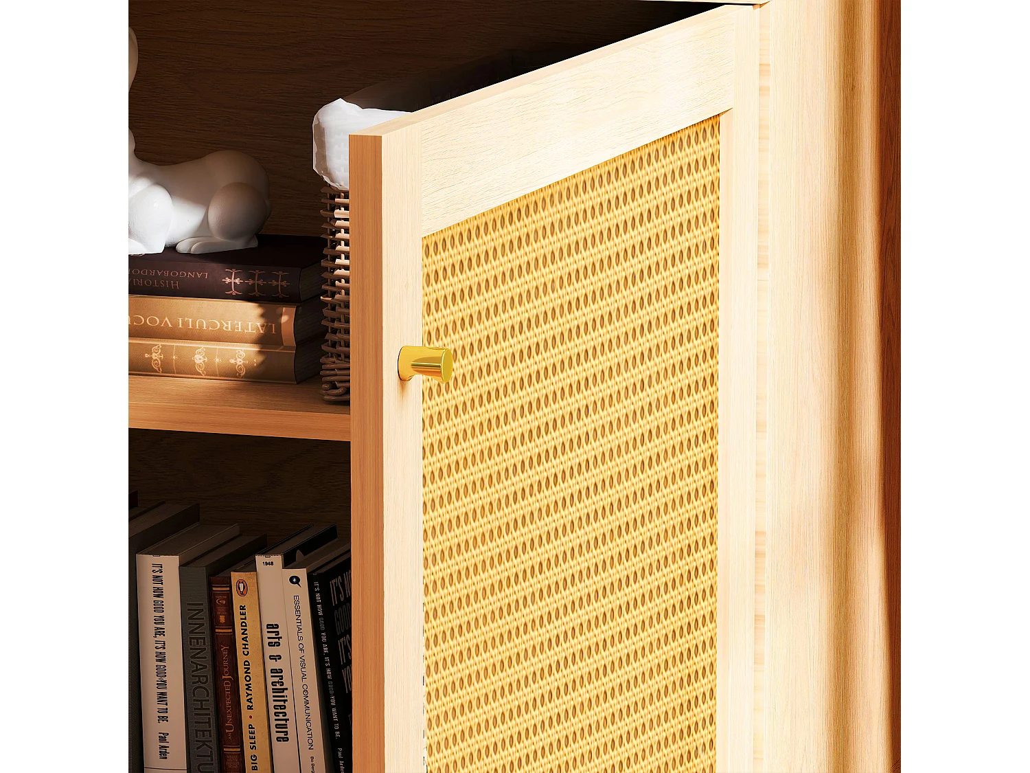 Buffet avec porte en rotin - Aspect bois naturel 60 x 40 x63 cm