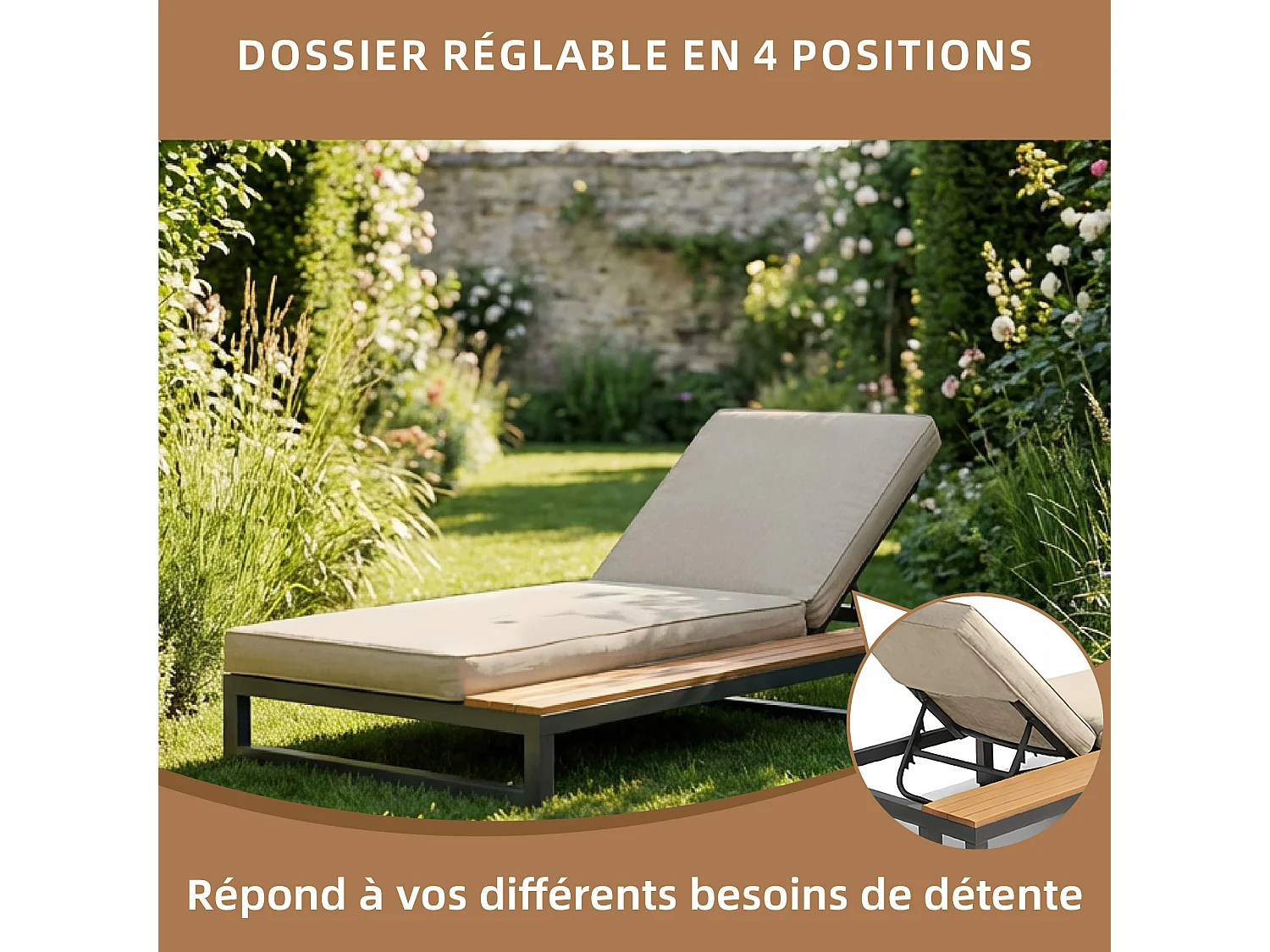 Metalen ligstoel met planken, strak design en matras - Verstelbare rugleuning - Beige