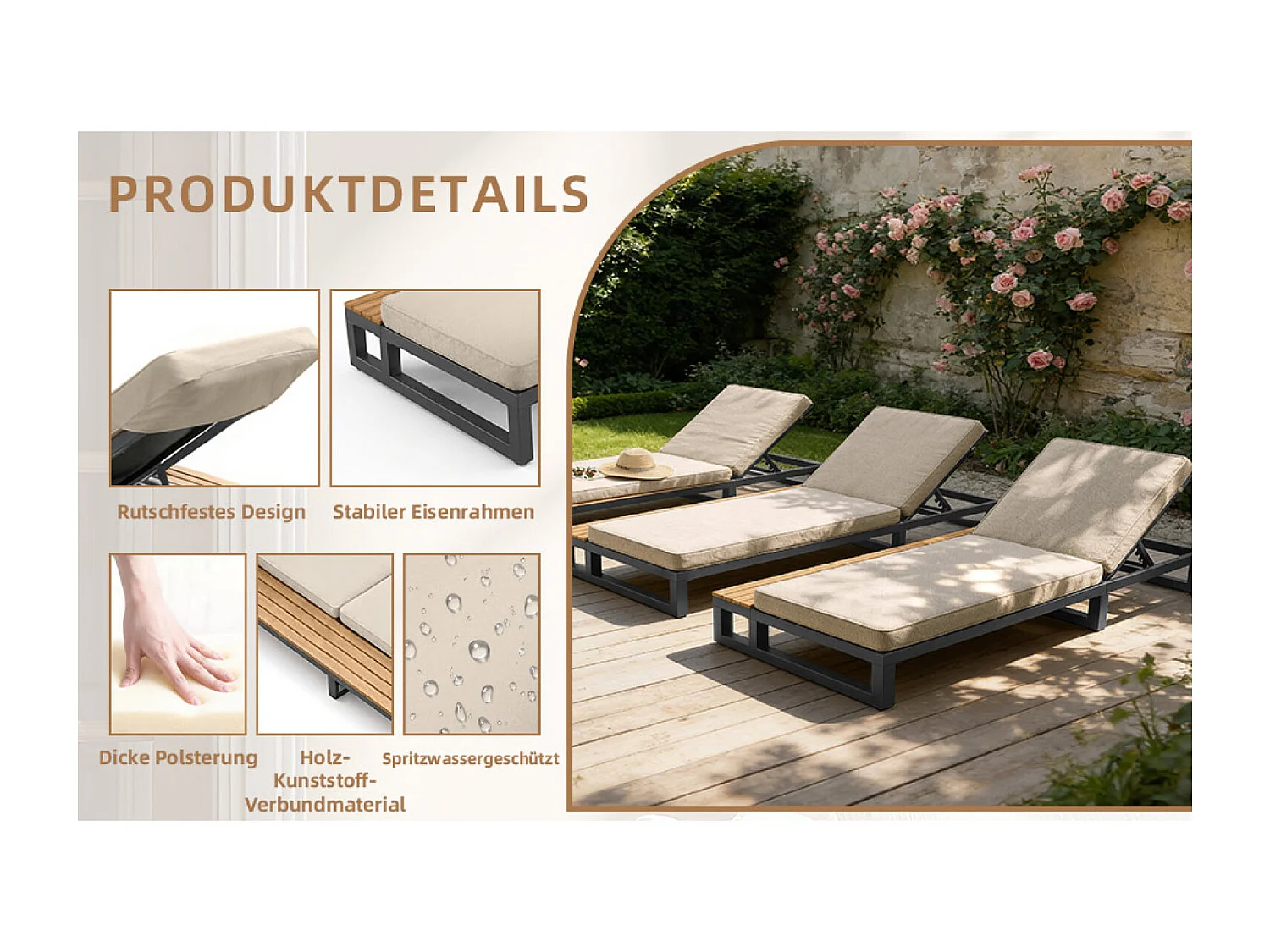 Metalen ligstoel met planken, strak design en matras - Verstelbare rugleuning - Beige