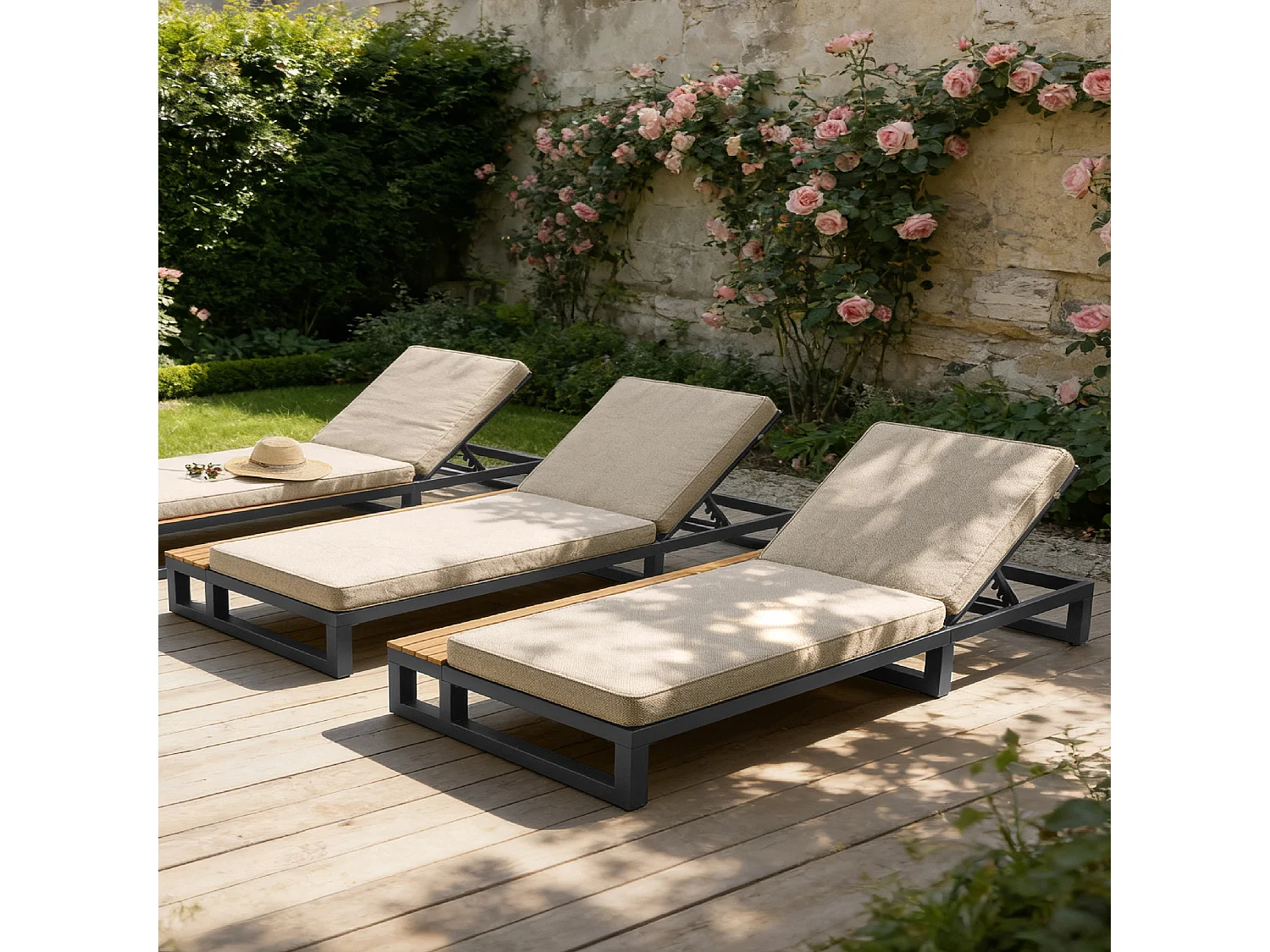 Metalen ligstoel met planken, strak design en matras - Verstelbare rugleuning - Beige