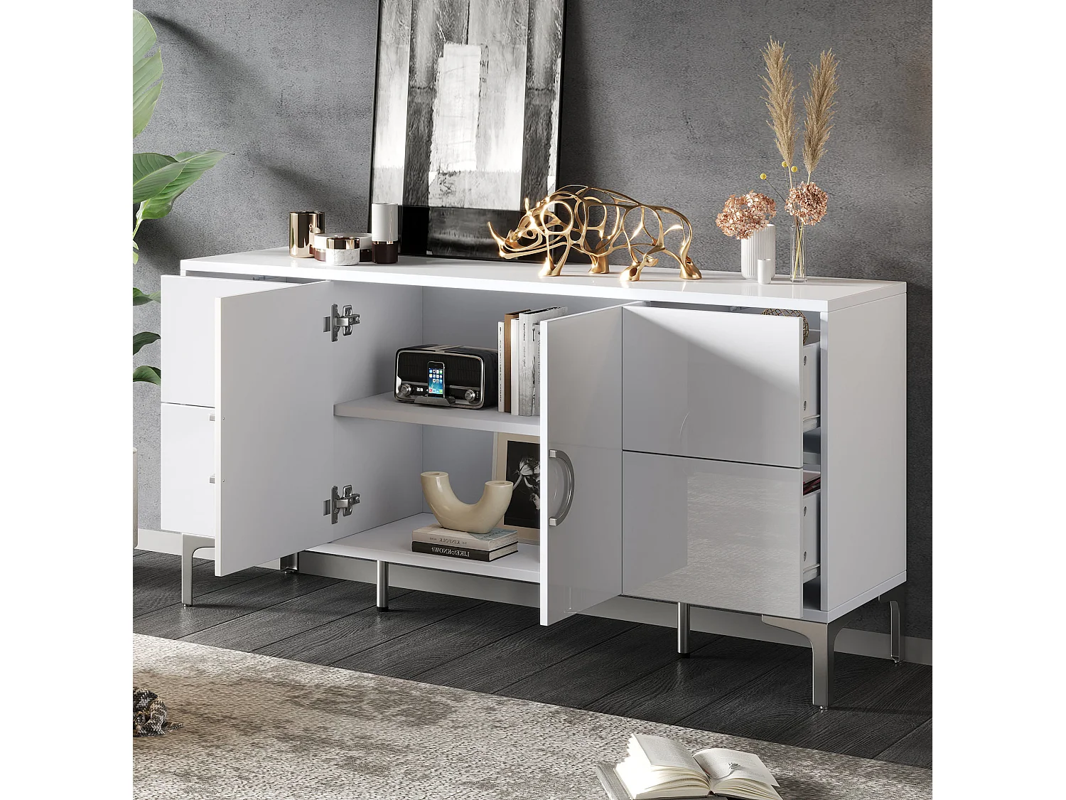 Buffet blanche finition brillant avec 2 portes et 4 tiroirs - Pieds en métal