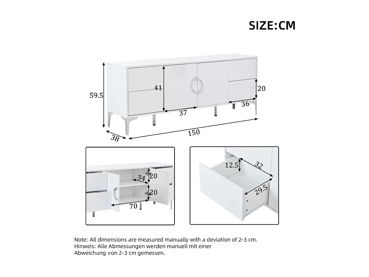 Buffet blanche finition brillant avec 2 portes et 4 tiroirs - Pieds en métal
