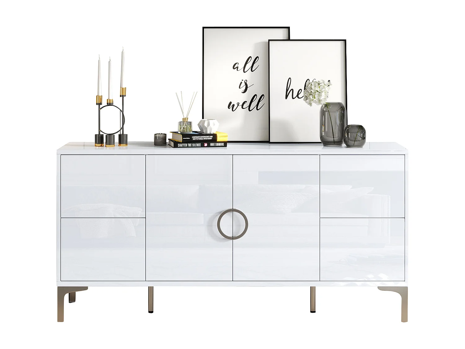 Buffet blanche finition brillant avec 2 portes et 4 tiroirs - Pieds en métal