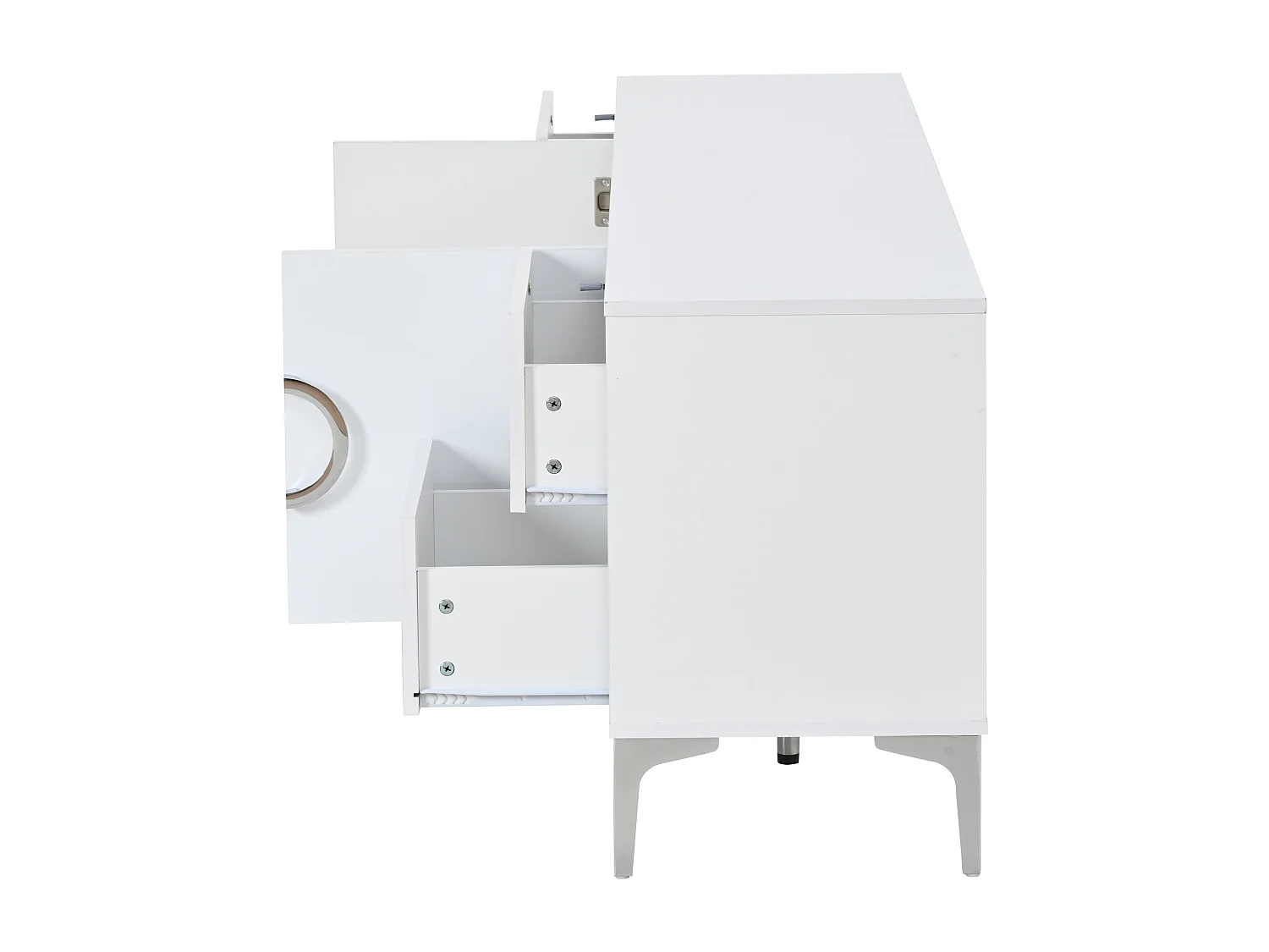 Buffet blanche finition brillant avec 2 portes et 4 tiroirs - Pieds en métal