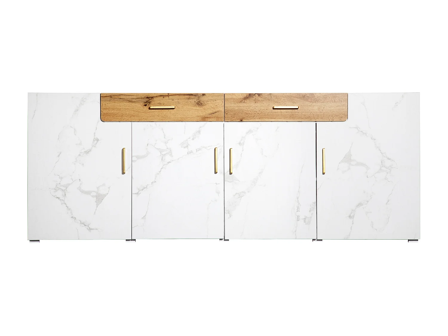 Buffet avec 2 tiroirs et 4 portes - Blanc effet marbre et imitation chêne