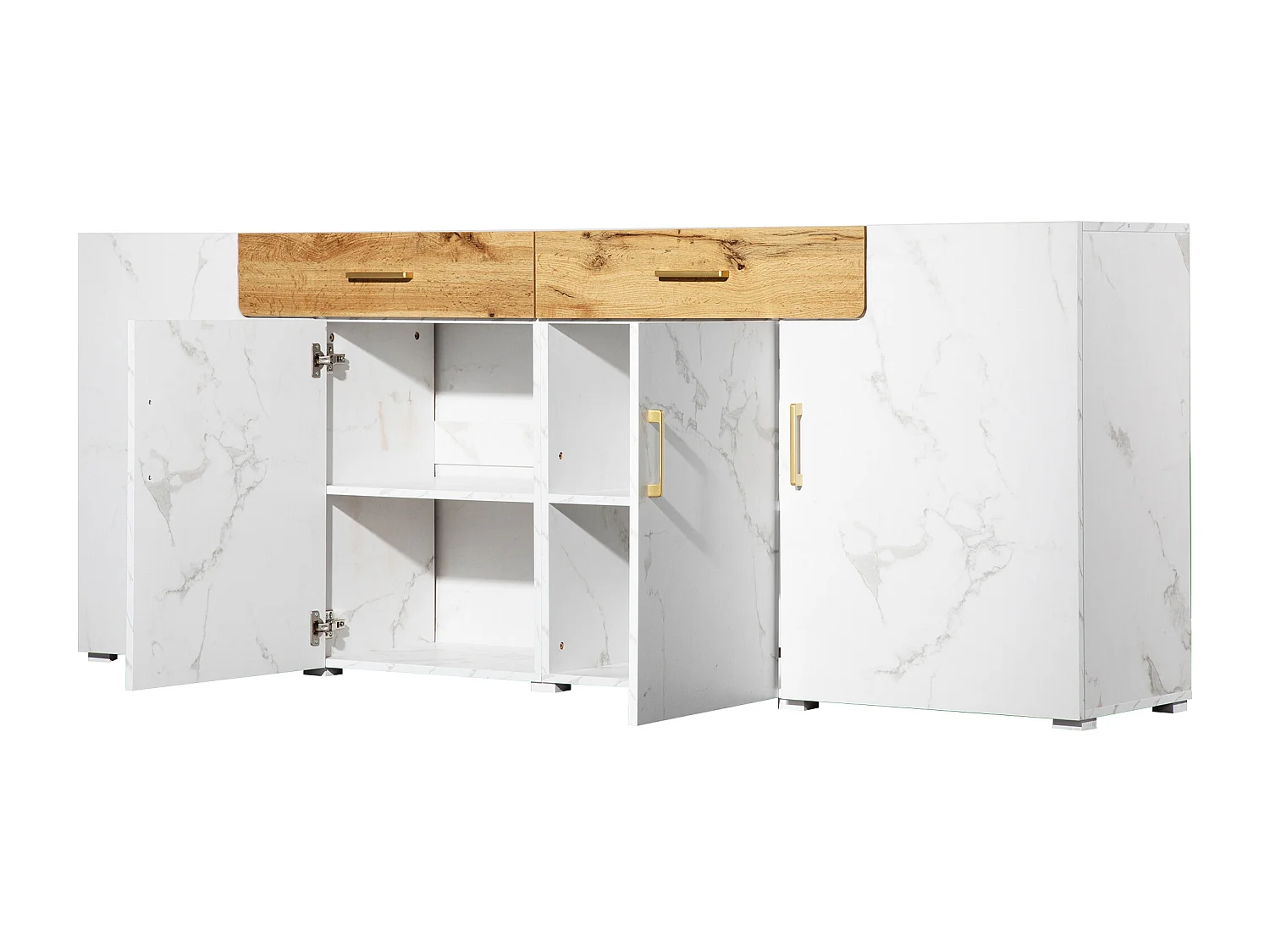 Buffet avec 2 tiroirs et 4 portes - Blanc effet marbre et imitation chêne